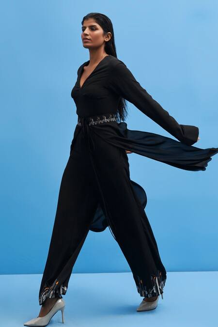 Shop Siddhant Agrawal Black Cotton Embroidery V-neck Chrysler Jumpsuit With Belt Online at Aza Fashions Shop_Siddhant Agrawal_Black Cotton Embroidery V-neck Chrysler Jumpsuit With Belt _Online_at_Aza_Fashions