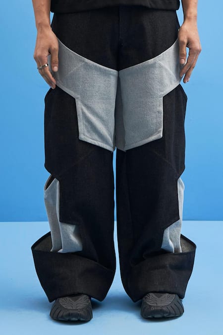 Shop Siddhant Agrawal Black Denim Structured Layered Trouser Online at Aza Fashions Shop_Siddhant Agrawal_Black Denim Structured Layered Trouser _Online_at_Aza_Fashions