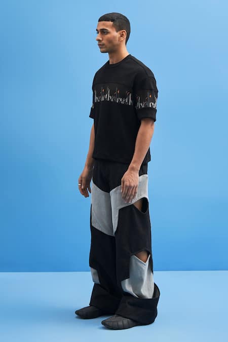 Siddhant Agrawal_Black Georgette, Rib Coastline Embroidered T-shirt _Online_at_Aza_Fashions