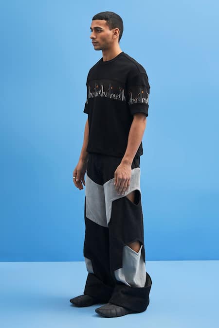 Siddhant Agrawal Black Denim Structured Layered Trouser Online at Aza Fashions Siddhant Agrawal_Black Denim Structured Layered Trouser _Online_at_Aza_Fashions