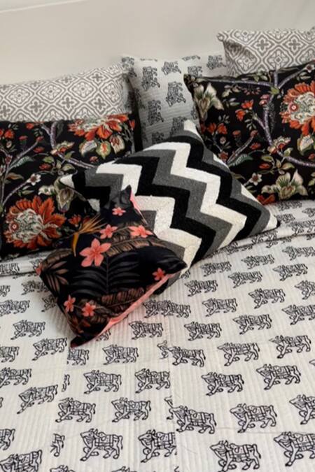 Buy_Cocobee_Black 100% Cotton Hand Block Print Cow Bedcover Set_Online_at_Aza_Fashions