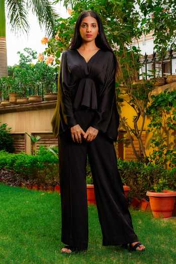 Buy_Omana By Ranjana Bothra_Black Satin V-neck Cowl Sleeve Peplum Top And Trouser Set _Online_at_Aza_Fashions