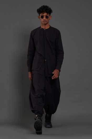 MATI_Black 100% Cotton Plain Full Sleeve Shirt And Baggy Pant Set_at_Aza_Fashions