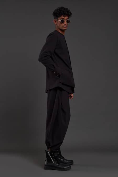 Buy_MATI_Black 100% Cotton Plain Band Collar Shirt _Online_at_Aza_Fashions