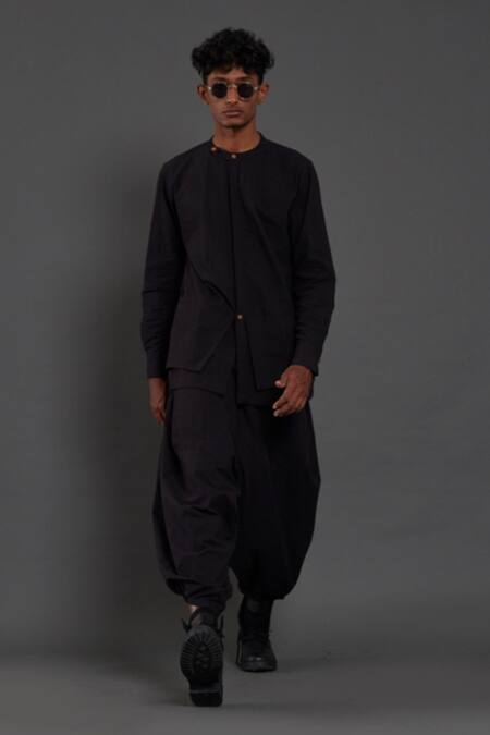MATI_Black 100% Cotton Plain Band Collar Shirt _at_Aza_Fashions