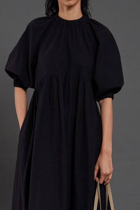 Buy_MATI_Black Cotton Round Neck Raglan Balloon Sleeve Dress _Online_at_Aza_Fashions