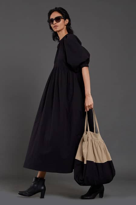 Shop_MATI_Black Cotton Round Neck Raglan Balloon Sleeve Dress _Online_at_Aza_Fashions