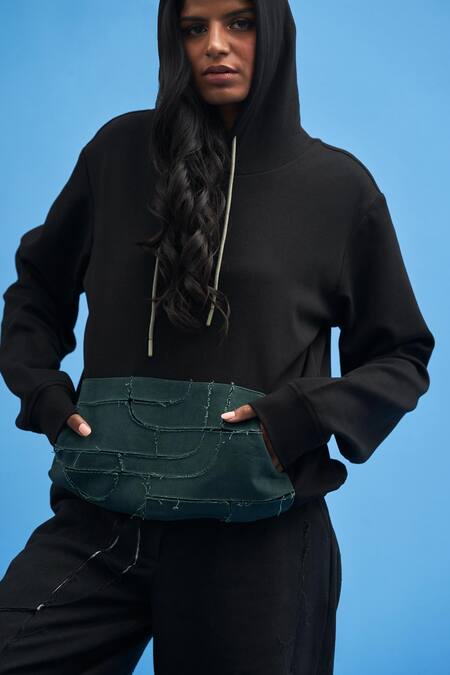 Siddhant Agrawal_Black Cotton, Jersey Patchwork High Neck Shoji Hoodie _Online_at_Aza_Fashions