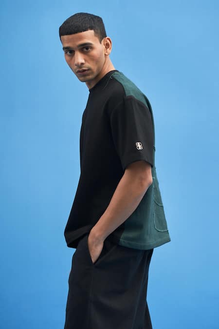 Buy_Siddhant Agrawal_Black Jersey, Patchwork 100% Shoji T-shirt _Online_at_Aza_Fashions