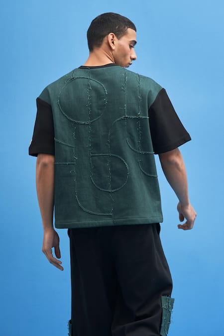 Shop_Siddhant Agrawal_Black Jersey, Patchwork 100% Shoji T-shirt _Online_at_Aza_Fashions