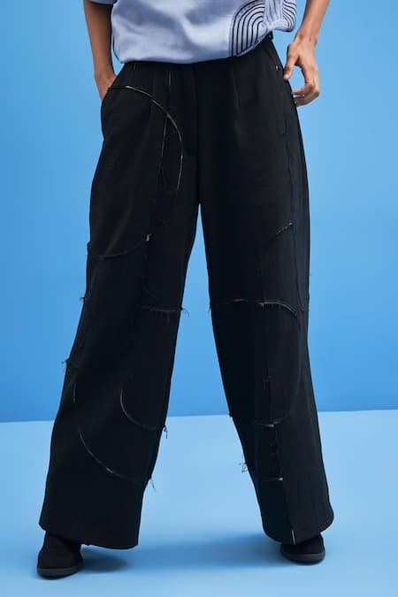 Siddhant Agrawal_Black Cotton Fringe Shoji Patchwork Trouser _Online_at_Aza_Fashions