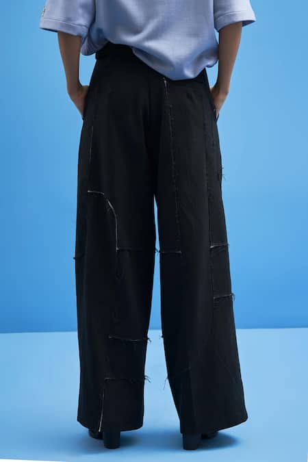Shop_Siddhant Agrawal_Black Cotton Fringe Shoji Patchwork Trouser _Online_at_Aza_Fashions