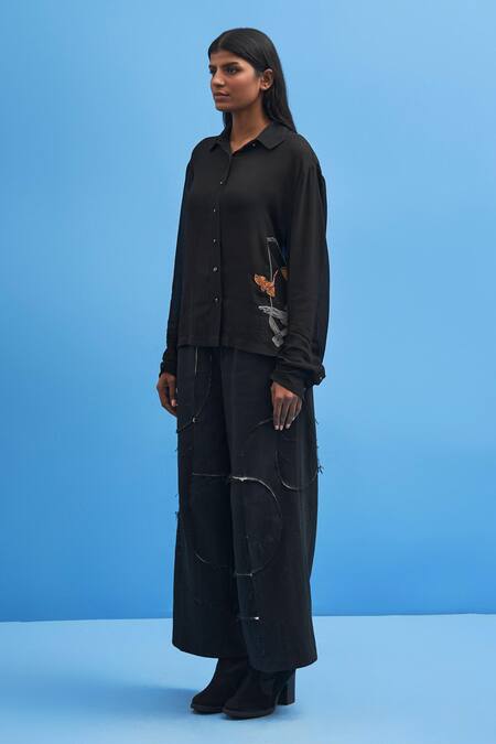Siddhant Agrawal_Black Cotton, Georgette Embroidery Collared Sutairu Placement Shirt _Online_at_Aza_Fashions
