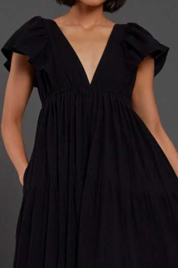 MATI_Black 100% Cotton Plunge V Neck Tiered Solid Gown_Online_at_Aza_Fashions