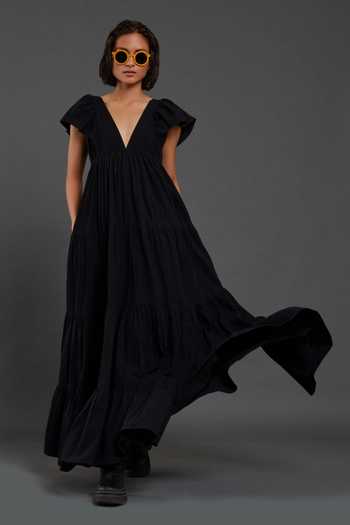Buy_MATI_Black 100% Cotton Plunge V Neck Tiered Solid Gown_Online_at_Aza_Fashions
