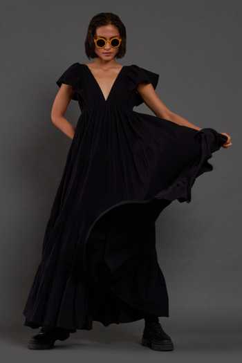 Shop_MATI_Black 100% Cotton Plunge V Neck Tiered Solid Gown_Online_at_Aza_Fashions