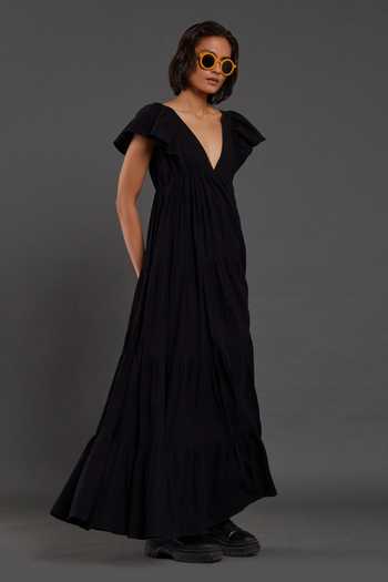 MATI_Black 100% Cotton Plunge V Neck Tiered Solid Gown_at_Aza_Fashions