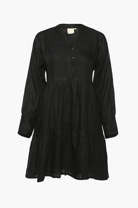 Reistor_Black Hemp Band Collar Tiered Dress_Online_at_Aza_Fashions