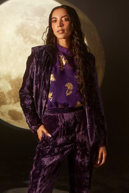 Dohr India_Purple Silk, Velvet, Organza Embroidery, Foil Printing Notched Lapel Suit Set _Online_at_Aza_Fashions
