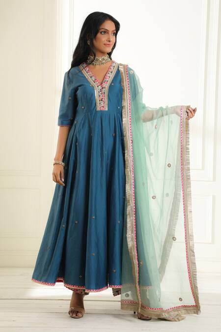 Buy Omana By Ranjana Bothra Blue Chanderi, Organza Embroidery, Beads V-neck Mastaani Anarkali Set Online at Aza Fashions Buy_Omana By Ranjana Bothra_Blue Chanderi, Organza Embroidery, Beads V-neck Mastaani Anarkali Set _Online_at_Aza_Fashions