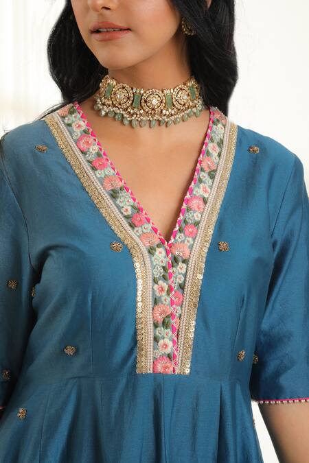 Omana By Ranjana Bothra Blue Chanderi, Organza Embroidery, Beads V-neck Mastaani Anarkali Set at Aza Fashions Omana By Ranjana Bothra_Blue Chanderi, Organza Embroidery, Beads V-neck Mastaani Anarkali Set _at_Aza_Fashions