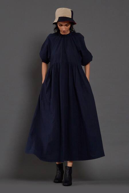MATI_Blue Cotton Round Neck Raglan Balloon Sleeve Dress _Online_at_Aza_Fashions