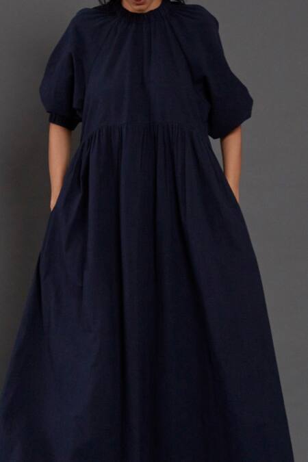 Buy_MATI_Blue Cotton Round Neck Raglan Balloon Sleeve Dress _Online_at_Aza_Fashions