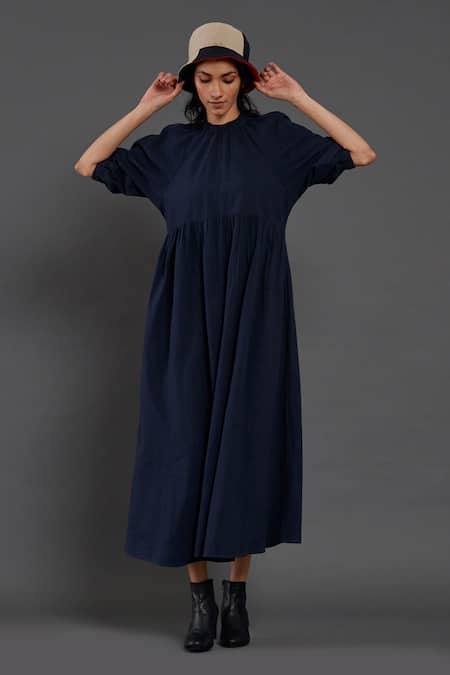 Buy Blue 100% Cotton Round Raglan Balloon Sleeve Dress For Women