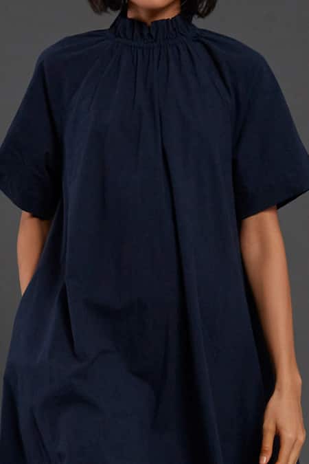 MATI_1_Blue 100% Cotton Frill Tora Neck Solid Dress _Online_at_Aza_Fashions