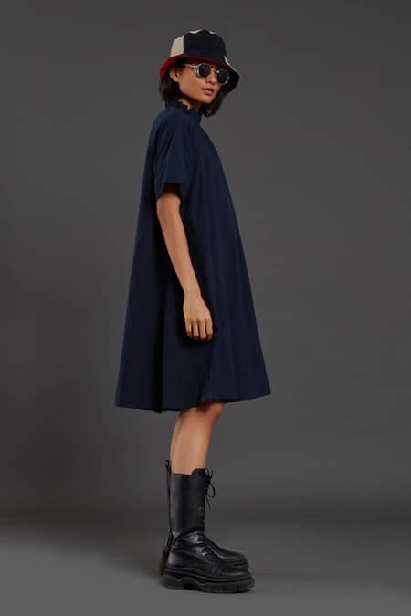 Buy_MATI_1_Blue 100% Cotton Frill Tora Neck Solid Dress _Online_at_Aza_Fashions