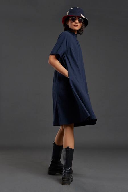Shop_MATI_1_Blue 100% Cotton Frill Tora Neck Solid Dress _Online_at_Aza_Fashions