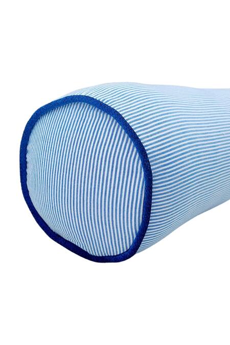 Throwpillow_Blue Blend Of Cotton And Polyester Tassel Striped Bolster Cover_at_Aza_Fashions
