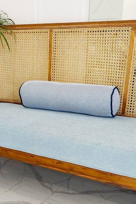 Throwpillow_Blue Blend Of Cotton And Polyester Tassel Striped Bolster Cover_Online_at_Aza_Fashions