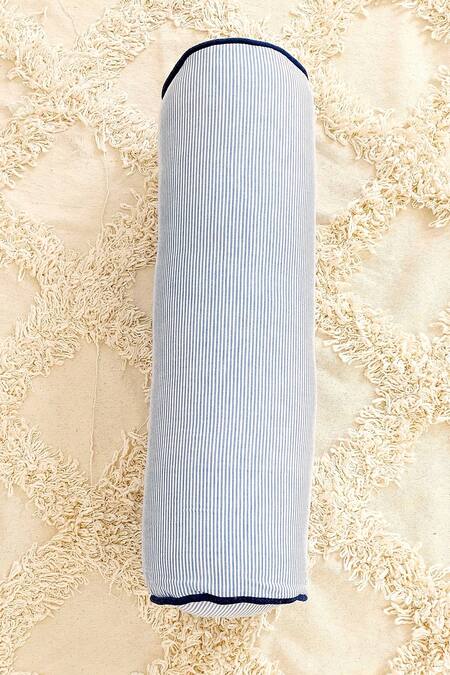 Buy_Throwpillow_Blue Blend Of Cotton And Polyester Tassel Striped Bolster Cover_Online_at_Aza_Fashions