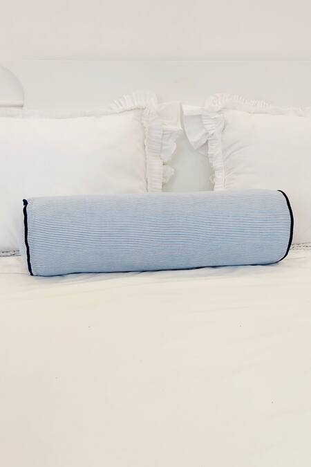 Shop_Throwpillow_Blue Blend Of Cotton And Polyester Tassel Striped Bolster Cover_Online_at_Aza_Fashions