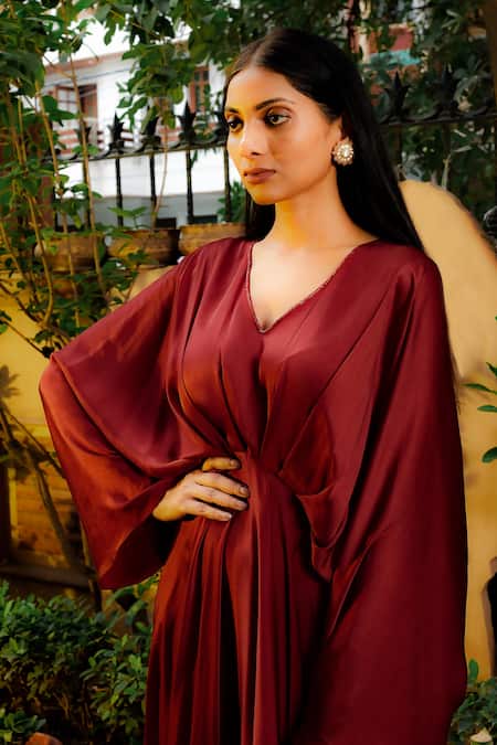 Omana By Ranjana Bothra_Maroon Satin Sequins V-neck Brick Flared Gown _Online_at_Aza_Fashions