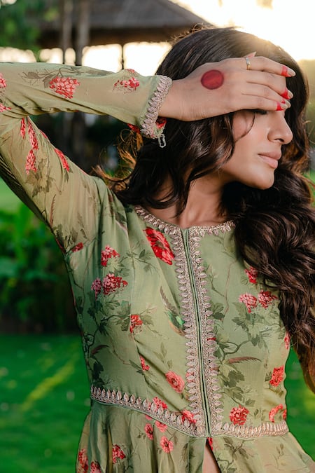 Redpine Designs_Green Viscose, Georgette, Crepe Vintage Floral Print Anarkali With Sharara _at_Aza_Fashions