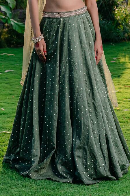 Redpine Designs Green Chanderi, Net Sequins, Zari Sweetheart Neck Hand Embroidered Lehenga Set Online at Aza Fashions Redpine Designs_Green Chanderi, Net Sequins, Zari Sweetheart Neck Hand Embroidered Lehenga Set _Online_at_Aza_Fashions