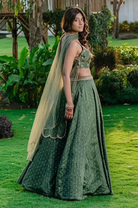 Shop Redpine Designs Green Chanderi, Net Sequins, Zari Sweetheart Neck Hand Embroidered Lehenga Set Online at Aza Fashions Shop_Redpine Designs_Green Chanderi, Net Sequins, Zari Sweetheart Neck Hand Embroidered Lehenga Set _Online_at_Aza_Fashions