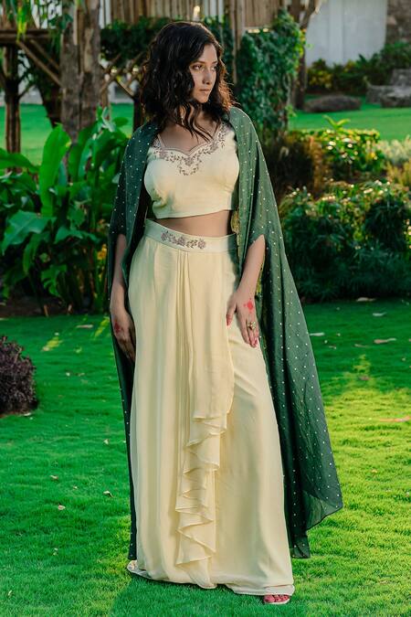 Buy Redpine Designs Green Silk, Georgette Beads, Embroidery Chanderi Cape Jacket And Lehenga Set Online at Aza Fashions Buy_Redpine Designs_Green Silk, Georgette Beads, Embroidery Chanderi Cape Jacket And Lehenga Set _Online_at_Aza_Fashions