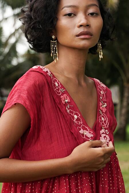 Baju_Red 40% , 60% , Chanderi Floral Bry Long Tiered Dress_Online_at_Aza_Fashions