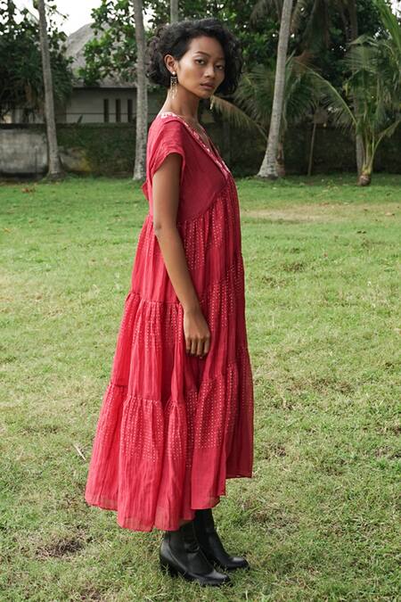 Buy_Baju_Red 40% , 60% , Chanderi Floral Bry Long Tiered Dress_Online_at_Aza_Fashions