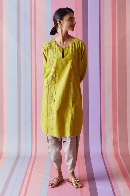 Buy_Bunka_Yellow Cotton Stitchline Notched Ila Tunic Dhoti Pant Set_Online_at_Aza_Fashions