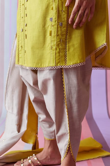 Bunka_Yellow Cotton Stitchline Notched Ila Tunic Dhoti Pant Set_at_Aza_Fashions
