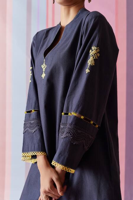 Shop_Bunka_Grey Cotton Embroidery Floral Lace V Neck Bell Sleeve Kurta And Salwar Set_Online_at_Aza_Fashions