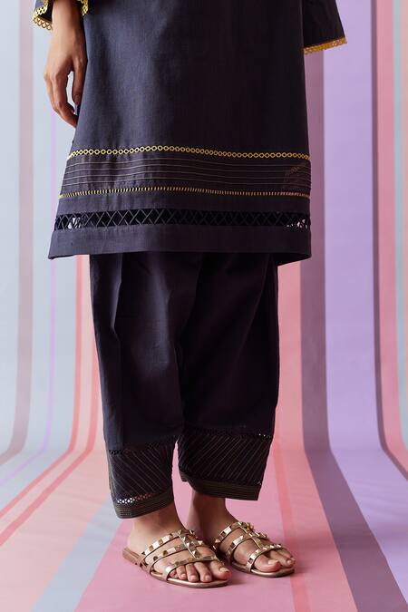 Bunka_Grey Cotton Embroidery Floral Lace V Neck Bell Sleeve Kurta And Salwar Set_at_Aza_Fashions