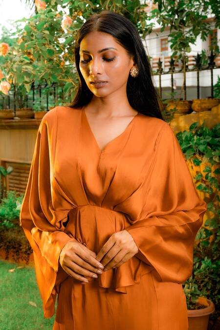 Omana By Ranjana Bothra_Orange Satin V-neck Cowl Sleeve Top And Trouser Set _Online_at_Aza_Fashions