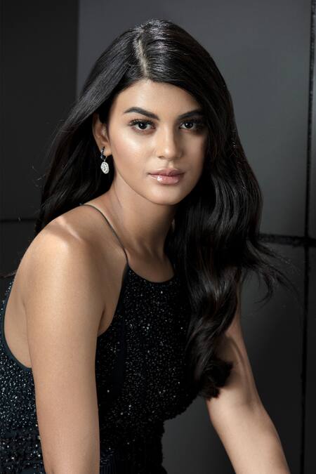 Rohit Gandhi + Rahul Khanna_Blue Tulle, Viscose Sequins, Tassels Halter Neck Nightfall Gown _Online_at_Aza_Fashions