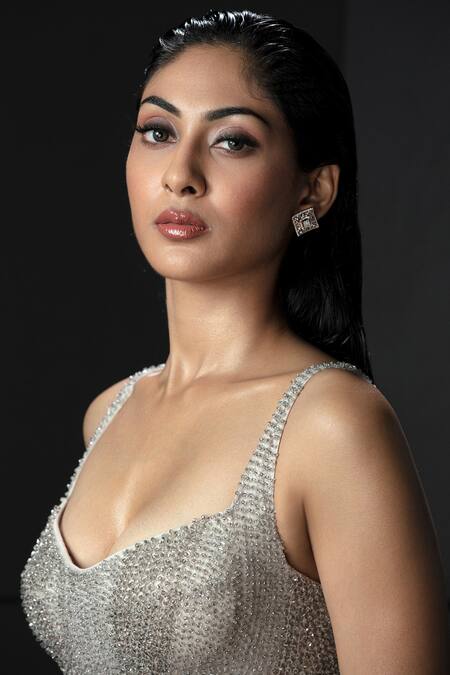 Rohit Gandhi + Rahul Khanna_Silver Tulle, Viscose Sequins, Crystals Ophelia Glitch Artwork Embellished Gown _Online_at_Aza_Fashions