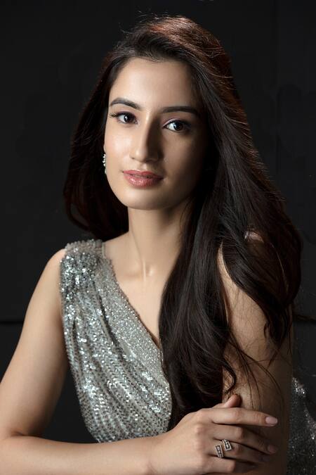 Rohit Gandhi + Rahul Khanna Silver Tulle Sequins, Crystals One Shoulder Draped Gown Online at Aza Fashions Rohit Gandhi + Rahul Khanna_Silver Tulle Sequins, Crystals One Shoulder Draped Gown _Online_at_Aza_Fashions